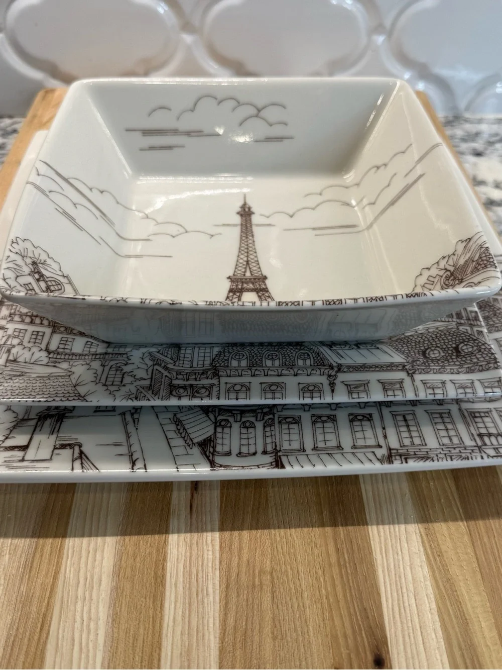 222 Fifth City Scenes Paris Eiffel Tower Square Dinnerware Set Plate & Bowl Trio